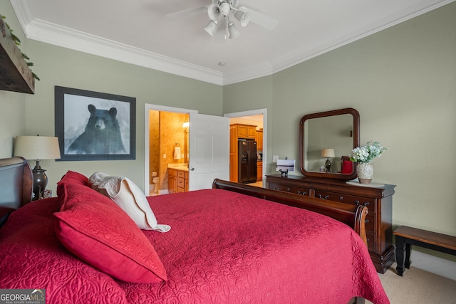 1724 Watercrest Way # G, Young Harris, GA 30582 - bedroom featuring black fridge, crown molding, carpet, connected bathroom, and ceiling fan