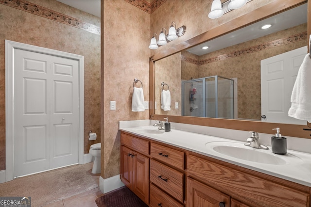 1724 Watercrest Way # G, Young Harris, GA 30582 - bathroom featuring double vanity, a stall shower, tile patterned floors, and toilet