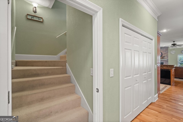 1724 Watercrest Way # G, Young Harris, GA 30582 - stairway with wood finished floors, ornamental molding, baseboards, ceiling fan, and recessed lighting