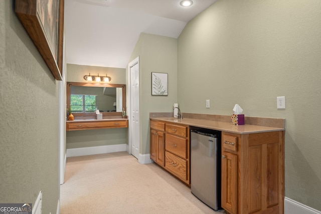 1724 Watercrest Way # G, Young Harris, GA 30582 - indoor dry bar with lofted ceiling, fridge, light carpet, baseboards, and recessed lighting