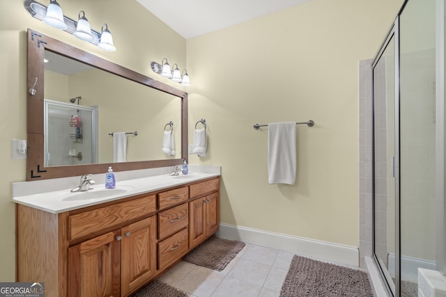 1724 Watercrest Way # G, Young Harris, GA 30582 - bathroom featuring tile patterned floors, a shower stall, double vanity, and baseboards
