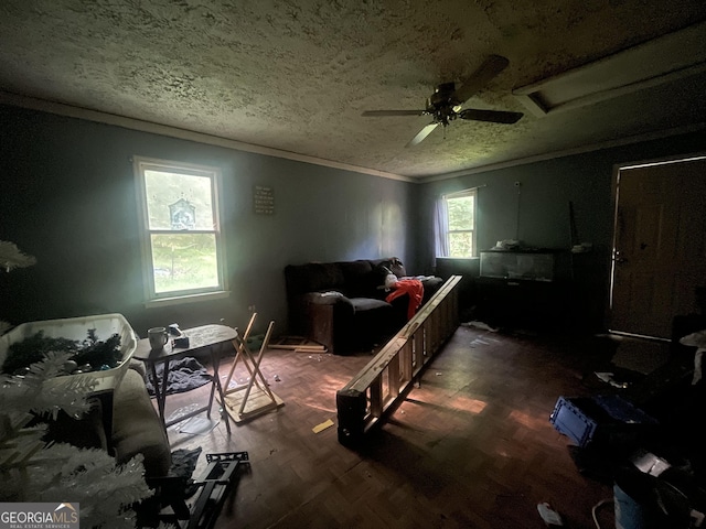 243 Lakeside Trl, Martin, GA 30557 - living room featuring ornamental molding, a textured ceiling, and ceiling fan