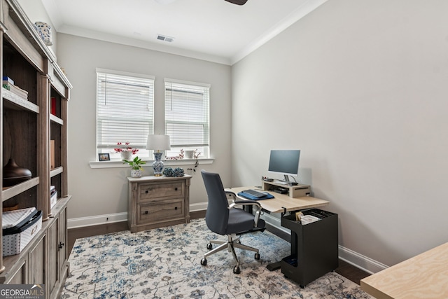 6937 River Rock Dr, Flowery Branch, GA 30542 - office area with ornamental molding, wood finished floors, and a ceiling fan