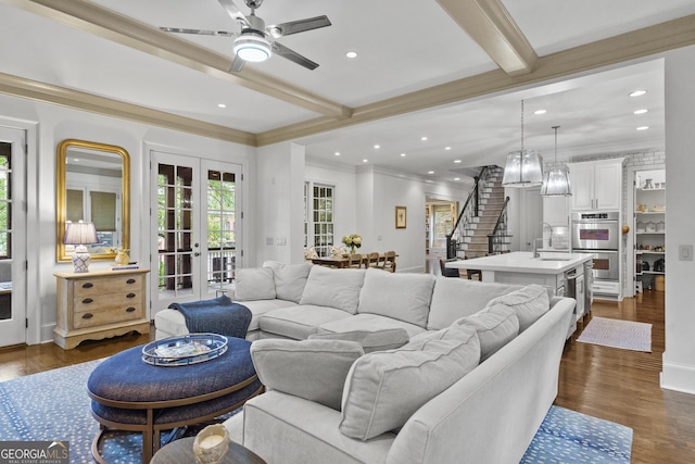 3075 Woodvale Ct, Johns Creek, GA 30022 - living area with stairway, recessed lighting, beam ceiling, a ceiling fan, and dark wood-style floors
