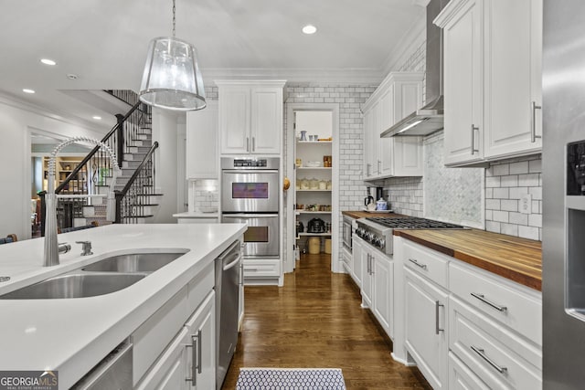 3075 Woodvale Ct, Johns Creek, GA 30022 - kitchen with appliances with stainless steel finishes, crown molding, wall chimney range hood, a sink, and white cabinetry