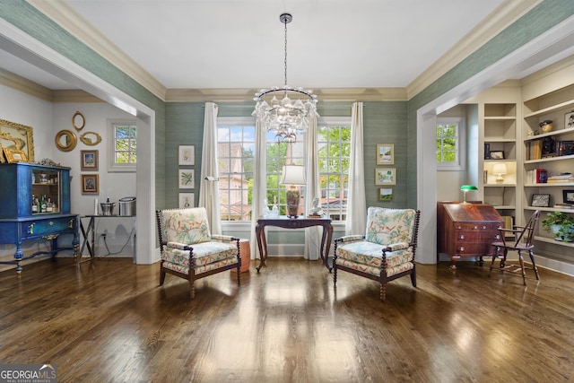 3075 Woodvale Ct, Johns Creek, GA 30022 - sitting room featuring hardwood / wood-style flooring, a chandelier, crown molding, and plenty of natural light