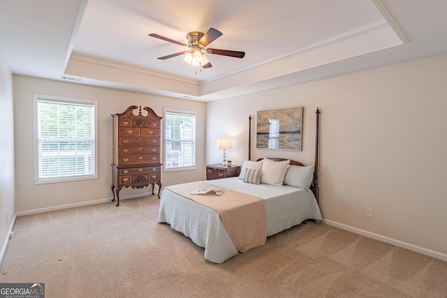 370 Grand Teton Cir, Fayetteville, GA 30215 - bedroom with a tray ceiling, light colored carpet, and a ceiling fan