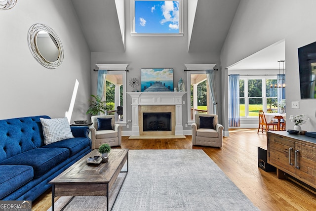 55 Jolie Ln, Sharpsburg, GA 30277 - living room with high vaulted ceiling, wood finished floors, and a fireplace with raised hearth