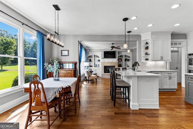 55 Jolie Ln, Sharpsburg, GA 30277 - dining area featuring a ceiling fan, a fireplace with raised hearth, wood finished floors, and recessed lighting