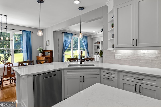 55 Jolie Ln, Sharpsburg, GA 30277 - kitchen featuring dishwasher, open shelves, plenty of natural light, ceiling fan, and recessed lighting