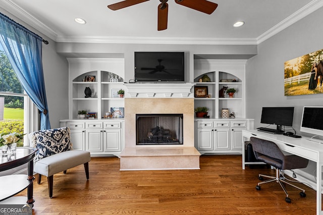 55 Jolie Ln, Sharpsburg, GA 30277 - office area featuring ornamental molding, ceiling fan, plenty of natural light, built in features, and wood finished floors