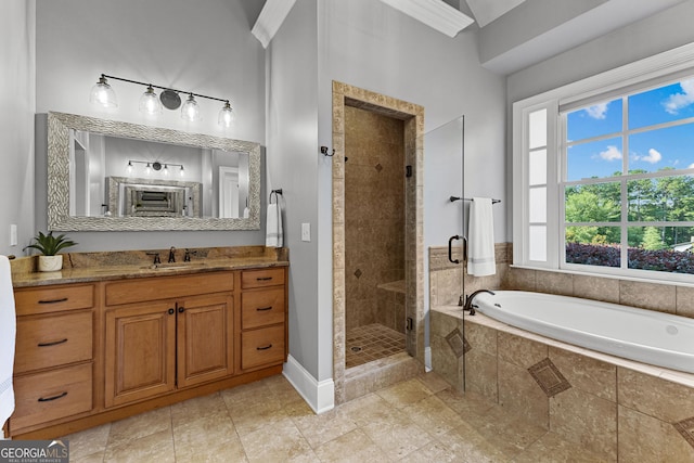 55 Jolie Ln, Sharpsburg, GA 30277 - full bath with a stall shower, a garden tub, vanity, and tile patterned flooring