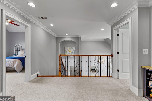 55 Jolie Ln, Sharpsburg, GA 30277 - corridor with carpet flooring, recessed lighting, crown molding, and an upstairs landing
