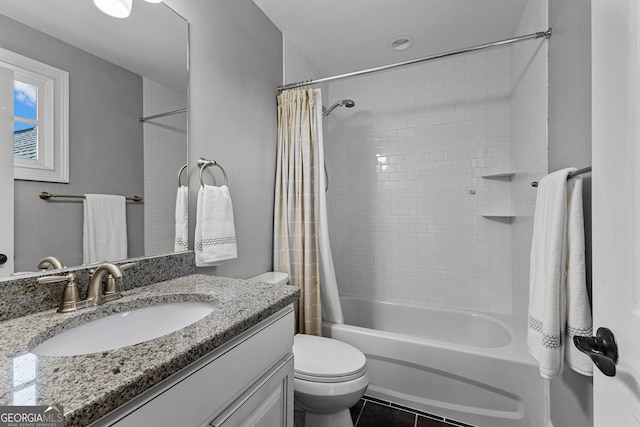 55 Jolie Ln, Sharpsburg, GA 30277 - bathroom featuring vanity, shower / bathtub combination with curtain, and tile patterned flooring