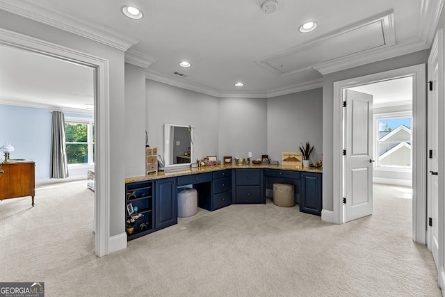 55 Jolie Ln, Sharpsburg, GA 30277 - bar area with light carpet, recessed lighting, and ornamental molding