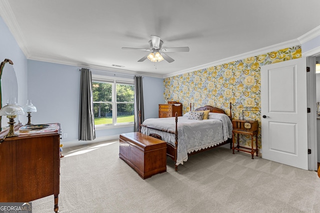 55 Jolie Ln, Sharpsburg, GA 30277 - bedroom featuring crown molding, light carpet, ceiling fan, and wallpapered walls