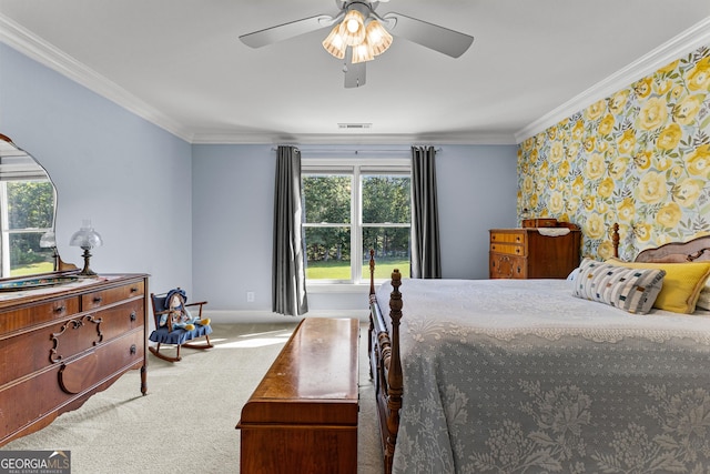 55 Jolie Ln, Sharpsburg, GA 30277 - carpeted bedroom with crown molding, ceiling fan, and wallpapered walls