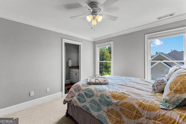 55 Jolie Ln, Sharpsburg, GA 30277 - bedroom with ornamental molding, carpet flooring, a ceiling fan, and ensuite bathroom