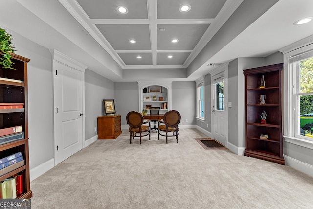 55 Jolie Ln, Sharpsburg, GA 30277 - living area featuring coffered ceiling, recessed lighting, carpet flooring, crown molding, and beamed ceiling
