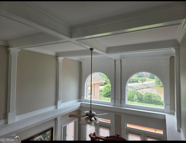 413 Canterbury Way, Jonesboro, GA 30236 - detailed view of ceiling fan, decorative columns, ornamental molding, beam ceiling, and coffered ceiling