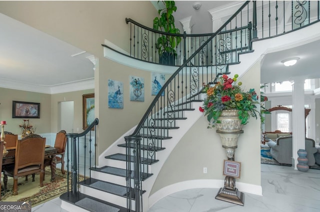 413 Canterbury Way, Jonesboro, GA 30236 - stairway featuring marble finish flooring, a high ceiling, ornamental molding, and baseboards