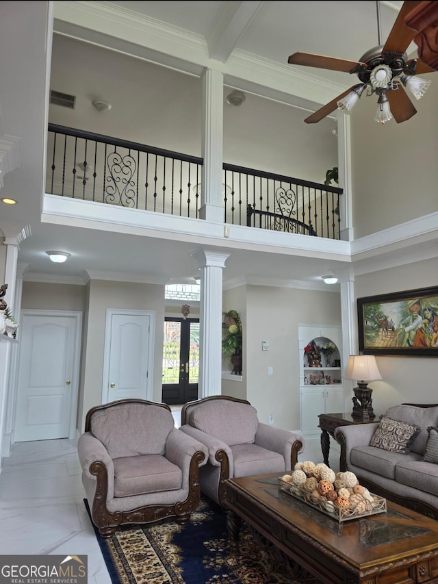 413 Canterbury Way, Jonesboro, GA 30236 - living area with a high ceiling, a ceiling fan, ornamental molding, ornate columns, and french doors