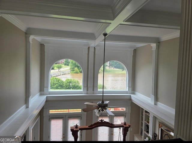 413 Canterbury Way, Jonesboro, GA 30236 - detailed view of a ceiling fan, beamed ceiling, crown molding, coffered ceiling, and decorative columns