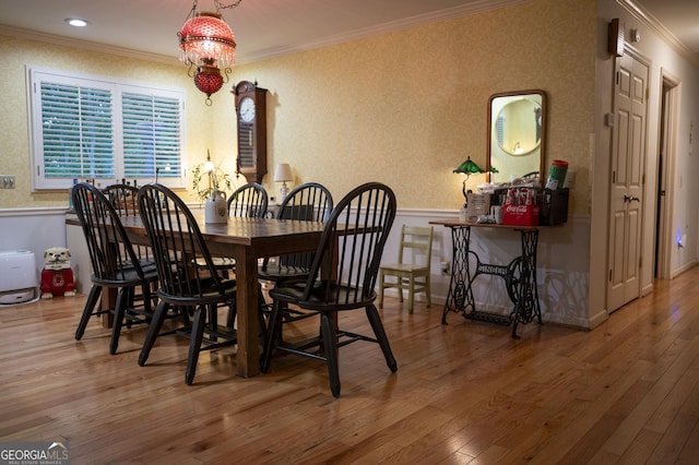 323 Mccartan Trl, Clarkesville, GA 30523 - dining space with crown molding, hardwood / wood-style flooring, and wallpapered walls