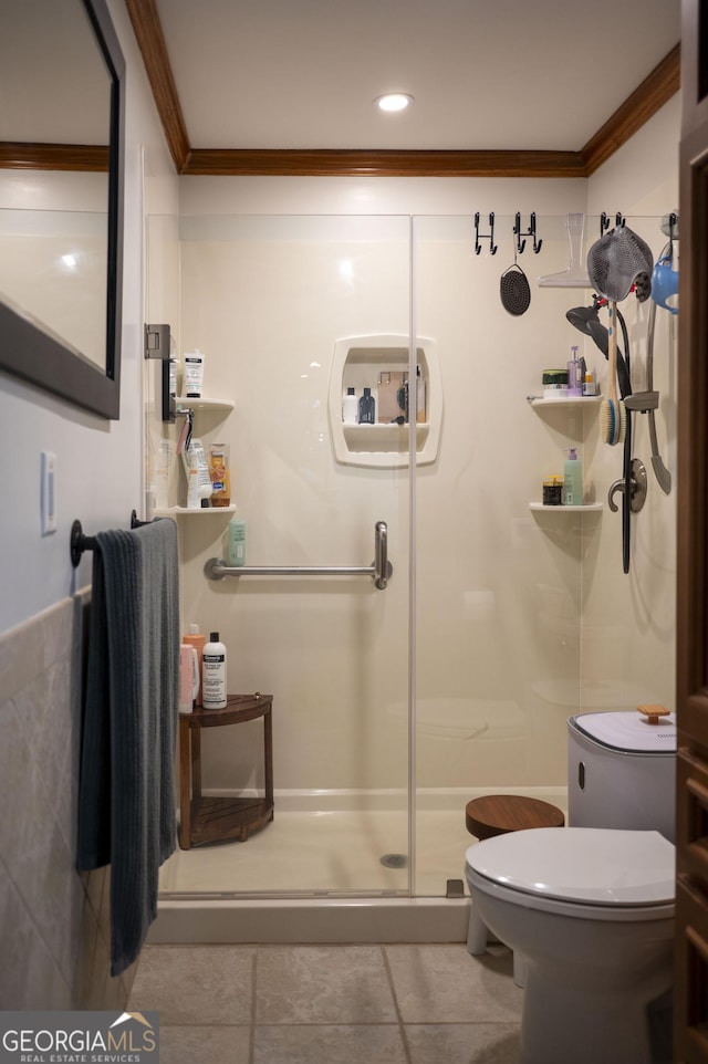 323 Mccartan Trl, Clarkesville, GA 30523 - full bath with crown molding, toilet, tile patterned flooring, and a stall shower