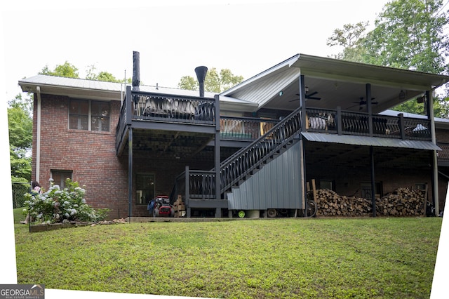 323 Mccartan Trl, Clarkesville, GA 30523 - rear view of house with a ceiling fan, brick siding, a yard, stairway, and a deck