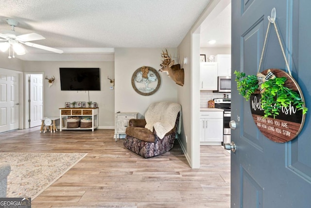 187 Angers Ct, Dahlonega, GA 30533 - entryway with a ceiling fan, light wood-style floors, a textured ceiling, and baseboards