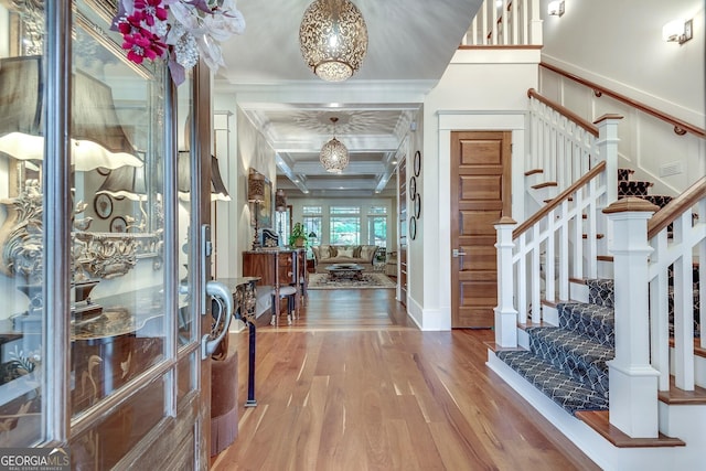 114 Trinity Hollow Dr, Canton, GA 30115 - entrance foyer with wood finished floors, stairs, coffered ceiling, crown molding, and beam ceiling