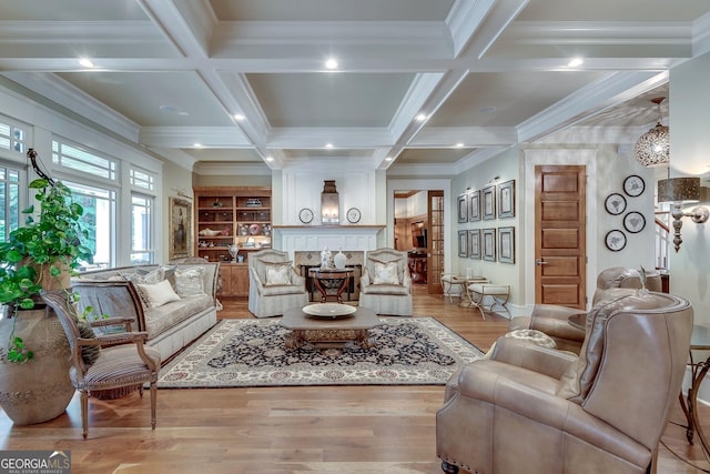 114 Trinity Hollow Dr, Canton, GA 30115 - living room featuring light wood-type flooring, coffered ceiling, ornamental molding, beamed ceiling, and a high end fireplace