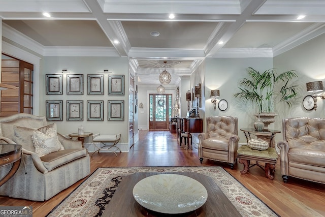 114 Trinity Hollow Dr, Canton, GA 30115 - living room featuring coffered ceiling, wood finished floors, crown molding, baseboards, and beam ceiling