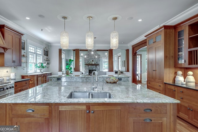 114 Trinity Hollow Dr, Canton, GA 30115 - kitchen with a sink, crown molding, brown cabinetry, an island with sink, and glass insert cabinets