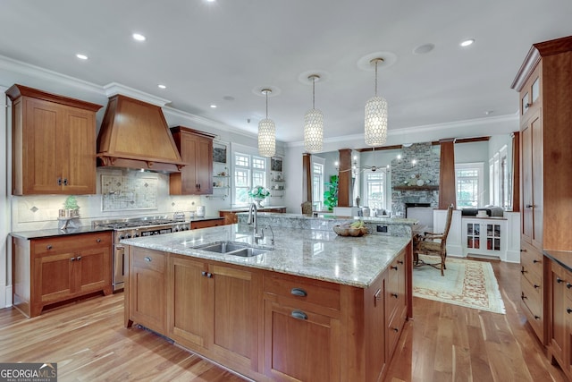 114 Trinity Hollow Dr, Canton, GA 30115 - kitchen with custom range hood, stainless steel stove, a sink, light wood-style flooring, and crown molding