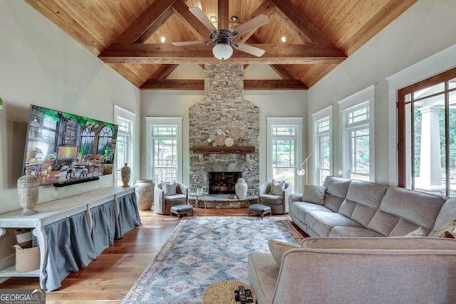 114 Trinity Hollow Dr, Canton, GA 30115 - living room featuring wooden ceiling with exposed beams, healthy amount of natural light, light wood-type flooring, high vaulted ceiling, and ceiling fan