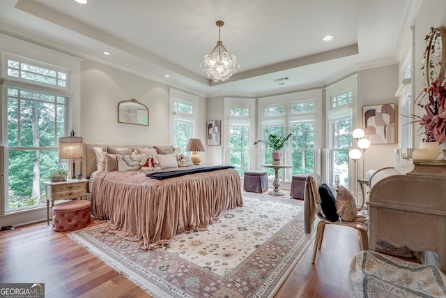114 Trinity Hollow Dr, Canton, GA 30115 - bedroom with multiple windows, a raised ceiling, a chandelier, recessed lighting, and light wood-style flooring