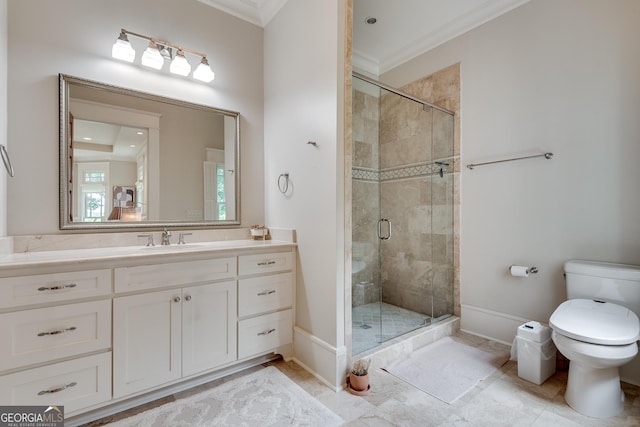 114 Trinity Hollow Dr, Canton, GA 30115 - full bath featuring ornamental molding, toilet, vanity, a shower stall, and baseboards