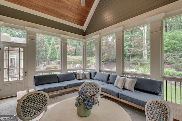 114 Trinity Hollow Dr, Canton, GA 30115 - sunroom / solarium featuring an outdoor living space, vaulted ceiling, wood ceiling, stone tile floors, and healthy amount of natural light