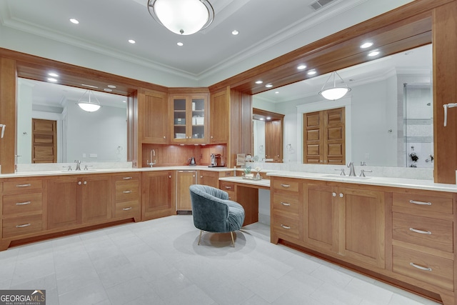 114 Trinity Hollow Dr, Canton, GA 30115 - bathroom featuring ornamental molding, vanity, recessed lighting, and backsplash