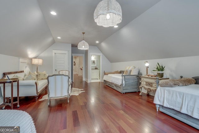 114 Trinity Hollow Dr, Canton, GA 30115 - bedroom with lofted ceiling, a chandelier, wood finished floors, ensuite bathroom, and baseboards