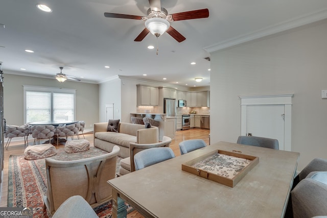 114 Trinity Hollow Dr, Canton, GA 30115 - dining area featuring a ceiling fan, ornamental molding, and recessed lighting