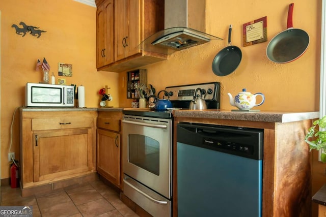 1079 Hardeman Farm Rd, Carnesville, GA 30521 - kitchen featuring stainless steel appliances, wall chimney range hood, and tile patterned floors