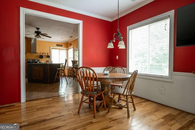 1079 Hardeman Farm Rd, Carnesville, GA 30521 - dining room with light wood-type flooring, ornamental molding, ceiling fan, and a wainscoted wall