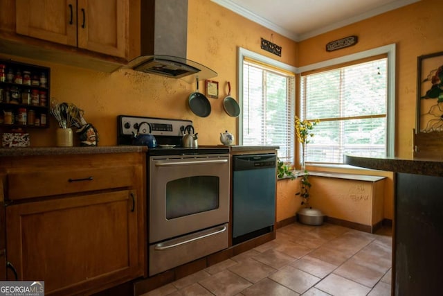 1079 Hardeman Farm Rd, Carnesville, GA 30521 - kitchen with electric range, dishwasher, wall chimney exhaust hood, brown cabinetry, and dark countertops