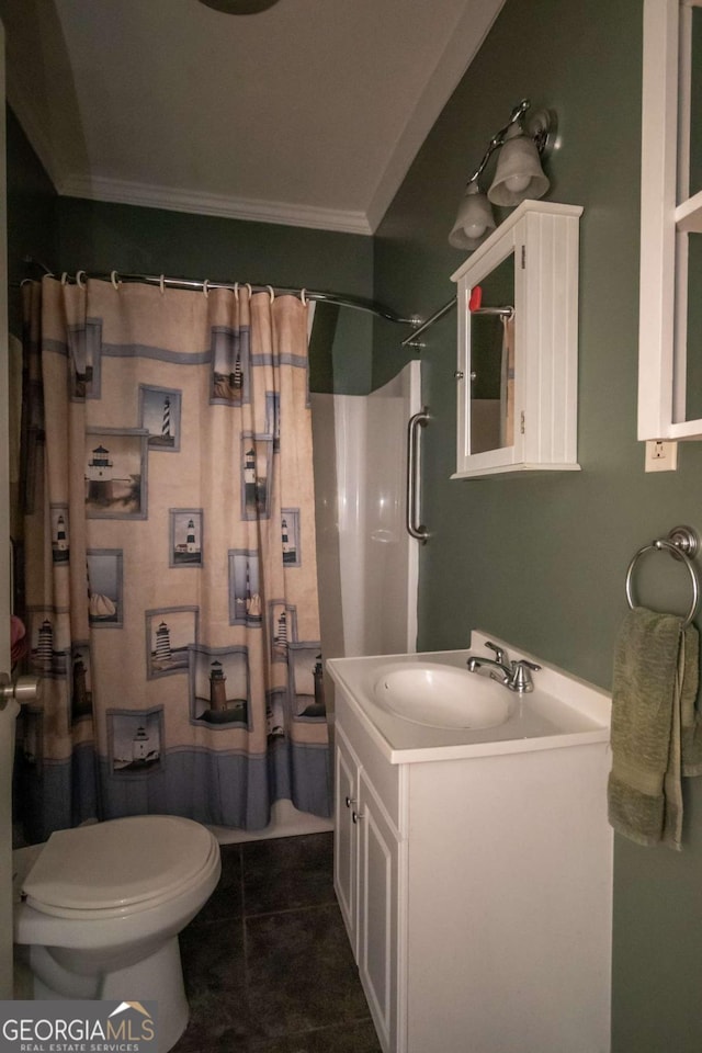 1079 Hardeman Farm Rd, Carnesville, GA 30521 - full bathroom with ornamental molding, vanity, tile patterned floors, a shower with curtain, and toilet