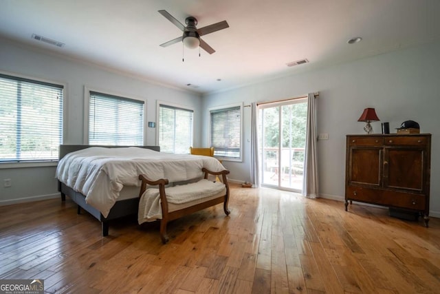 1079 Hardeman Farm Rd, Carnesville, GA 30521 - bedroom featuring access to exterior, light wood-style floors, multiple windows, and ornamental molding