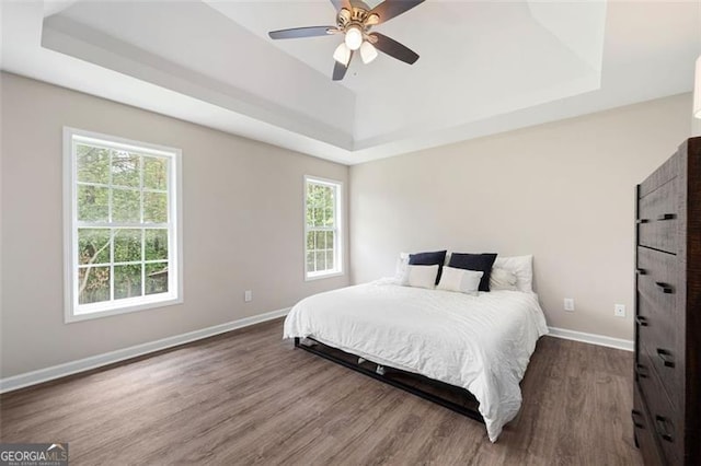 76 Vaughn NE, Cartersville, GA 30121 - bedroom featuring a tray ceiling, wood finished floors, baseboards, and ceiling fan