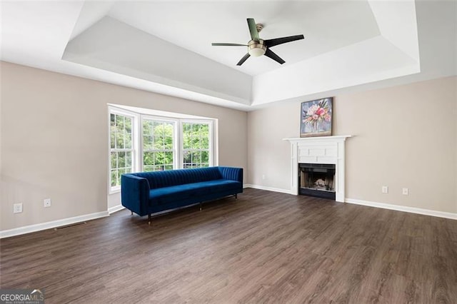 76 Vaughn NE, Cartersville, GA 30121 - sitting room featuring a tray ceiling, dark wood finished floors, a fireplace, and ceiling fan